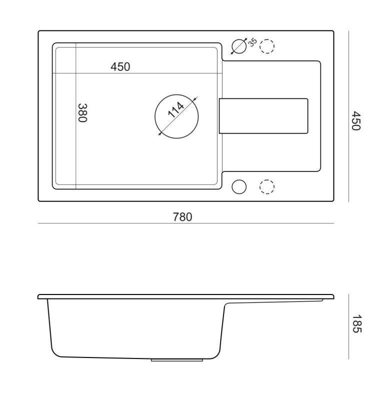 Quadri Sutton XL chiuvetă de granit antracit montată pe blat 78x45cm cu suprafață de scurgere reversibilă și dop negru 1208967494