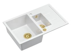 Quadri Brenton chiuvetă de granit alb cu montare pe blat, 1,5 cuve și scurgător 78x50cm cu dop de aur 1208967551