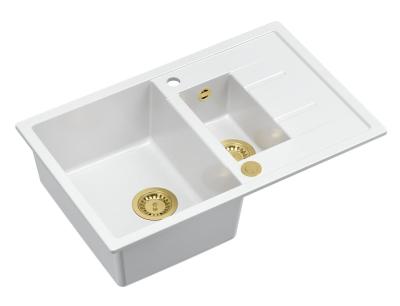 Quadri Brenton chiuvetă de granit alb cu montare pe blat, 1,5 cuve și scurgător 78x50cm cu dop de aur 1208967551