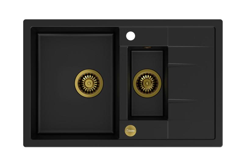 Quadri Brenton chiuvetă de granit negru 1,5 cuvă cu scurgător 78x50cm cu dop auriu 1208967554