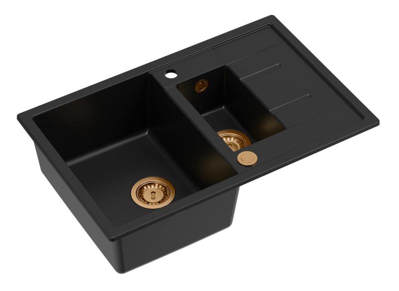 Quadri Brenton chiuvetă de granit negru pe blat 1,5 cuvă cu scurgător 78x50cm cu dop de cupru 1208967555