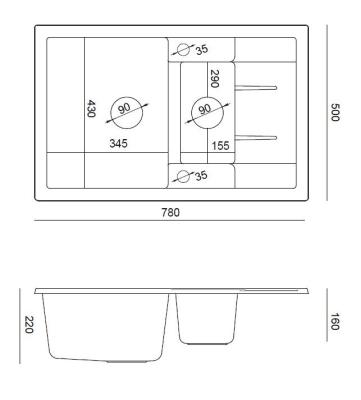 Quadri Brenton granit antracit chiuvetă de suprafață cu 1,5 cuve și scurgător 78x50cm cu dop din inox 1208967556
