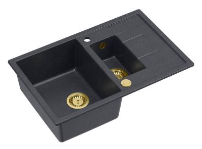 Quadri Brenton granit antracit chiuvetă de suprafață 1,5 cuvă cu scurgător 78x50cm cu dop auriu 1208967557