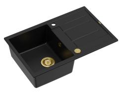Quadri Sheffield Chiuvetă Neagră din Granit cu Montare pe Blat 78x50cm cu Zonă de Scurs și Dop Auriu - 1208967581