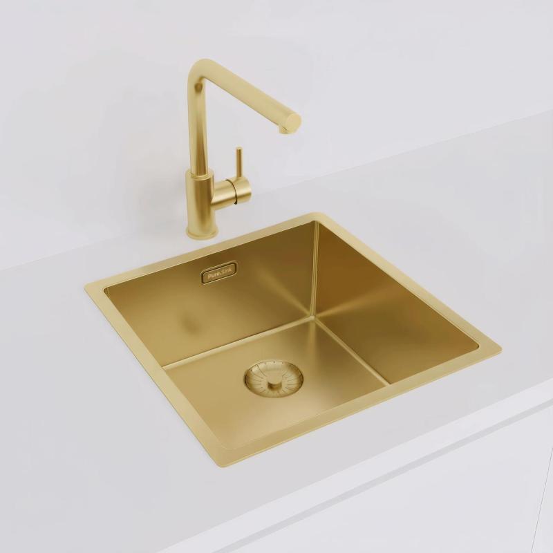 Chiuvetă Pure.Sink Prestige 40x40 cm PVD Aur rază de 10 mm montaj sub-blat, la nivel și deasupra blatului PPG4040-60.