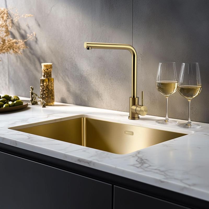 Chiuvetă Pure.Sink Prestige 40x40 cm PVD Aur rază de 10 mm montaj sub-blat, la nivel și deasupra blatului PPG4040-60.
