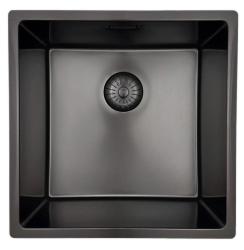 Chiuvetă Pure.Sink Prestige 40x40 cm PVD Gun Metal cu rază de 10 mm, montaj sub blat, la același nivel cu blatul și deasupra blatului PPG4040-61.