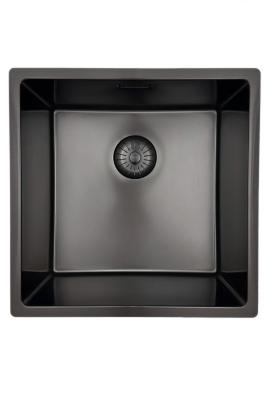 Chiuvetă Pure.Sink Prestige 40x40 cm PVD Gun Metal cu rază de 10 mm, montaj sub blat, la același nivel cu blatul și deasupra blatului PPG4040-61.
