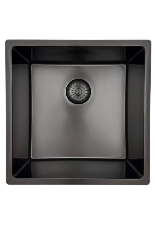 Chiuvetă Pure.Sink Prestige 40x40 cm PVD Gun Metal cu rază de 10 mm, montaj sub blat, la același nivel cu blatul și deasupra blatului PPG4040-61.