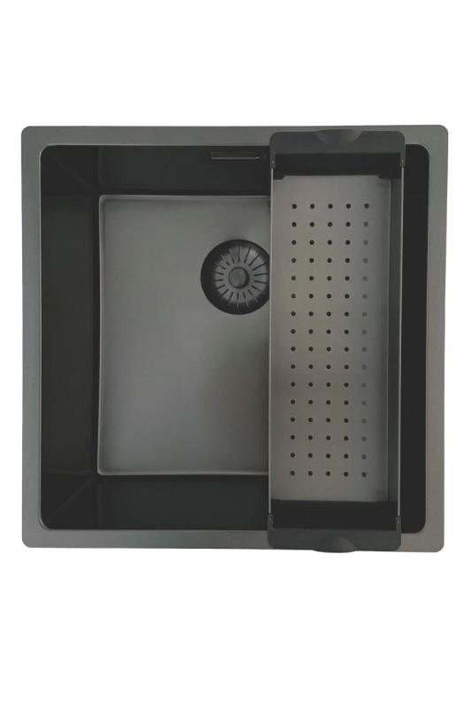 Chiuvetă Pure.Sink Prestige 40x40 cm PVD Gun Metal cu rază de 10 mm, montaj sub blat, la același nivel cu blatul și deasupra blatului PPG4040-61.