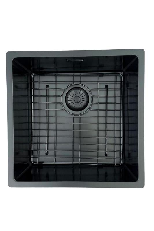 Chiuvetă Pure.Sink Prestige 40x40 cm PVD Gun Metal cu rază de 10 mm, montaj sub blat, la același nivel cu blatul și deasupra blatului PPG4040-61.