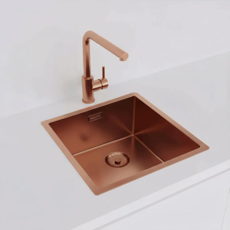 Chiuvetă Pure.Sink Prestige 40x40 cm PVD Cupru rază de 10 mm montare sub blat, la nivelul blatului și deasupra blatului PPG4040-62.