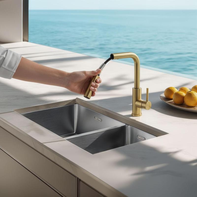 Pure.Sink Elite Steel Spark-S baterie de bucătărie PVD Aur Periat cu duză extensibilă PS8041-60