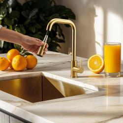 Baterie de bucătărie Pure.Sink Elite Steel Crystal-S PVD aur periat cu duș extractibil PS8050-60