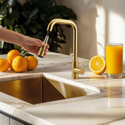 Baterie de bucătărie Pure.Sink Elite Steel Crystal-S PVD aur periat cu duș extractibil PS8050-60