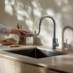 Robinet de bucătărie Pure.Sink Elite Steel Stream-S din oțel PVD Gun metal cu gura de scurgere retractabilă PS8045-61
