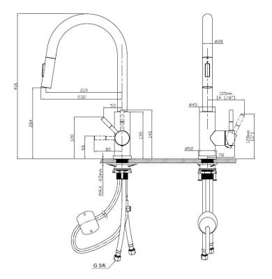 Robinet de bucătărie Pure.Sink Elite Steel Stream-S din oțel PVD Gun metal cu gura de scurgere retractabilă PS8045-61