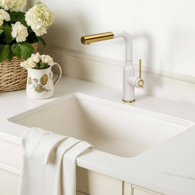 Quadri Stamford Baterie de Bucătărie Albă cu Finisaj Auriu PVD și Duș Extractabil 1208967686