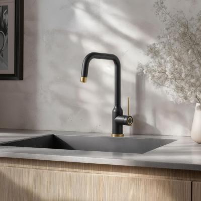 Quadri Stamford Robinet de Bucătărie Negru cu Finisaj din Aur PVD cu Gura de Scurgere Rotativă în Unghi 1208967703