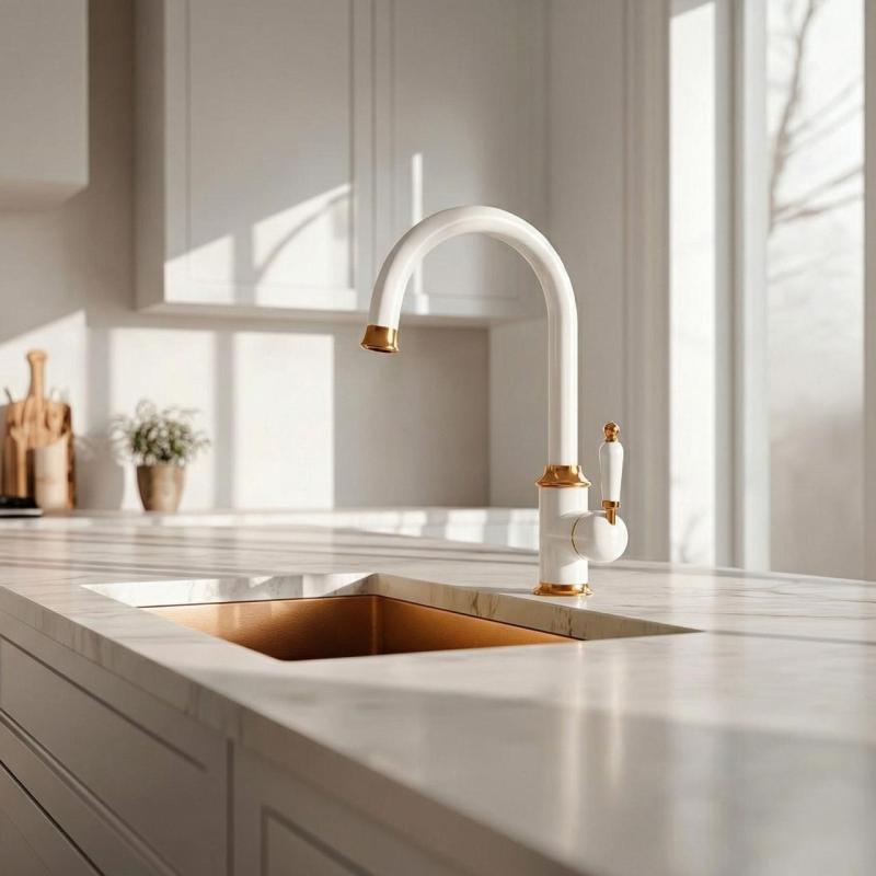 Quadri Workshop Classic Nostalgic White Kitchen Faucet with PVD Copper Finish and Ceramic Handle 1208967722