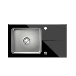 Set Quadri Glazz cu robinet de bucătărie și chiuvetă din inox cu scurgător din sticlă neagră - 77x44cm reversibil - 1208967734