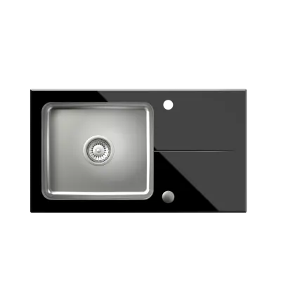 Set Quadri Glazz cu robinet de bucătărie și chiuvetă din inox cu scurgător din sticlă neagră - 77x44cm reversibil - 1208967734
