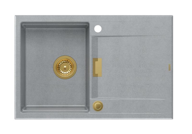 Quadri Minton Chiuvetă de Granit Gri de Suprafață 76x50cm cu Scurgător Reversibil și Dop Auriu - 1208967742