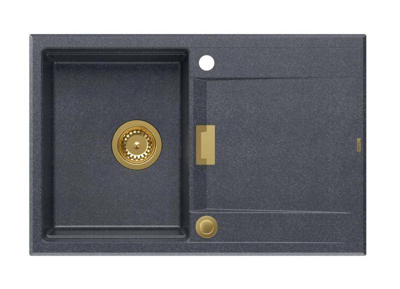 Quadri Minton Chiuvetă de suprafață din granit antracit 76x50cm cu picurător reversibil și dop auriu - 1208967745