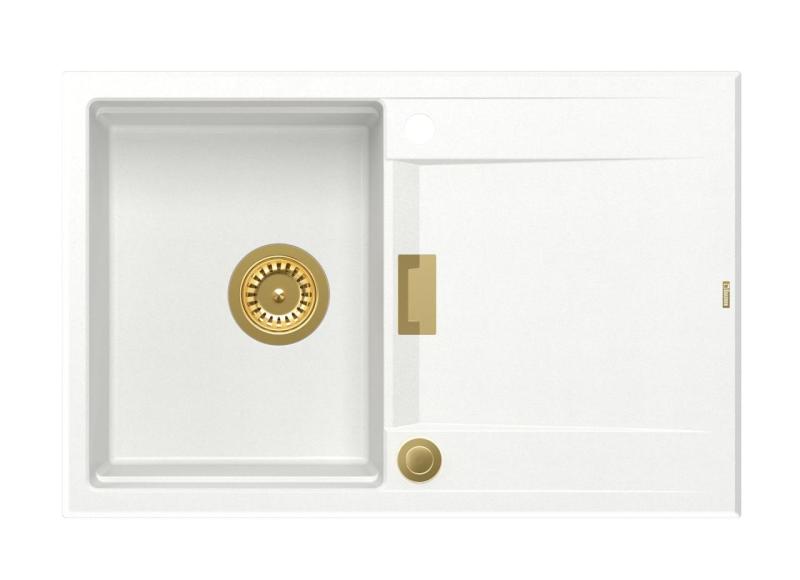 Quadri Minton Chiuvetă de Granit Albă de Blat 76x50cm cu Scurgător Reversibil și Dop de Aur - 1208967748