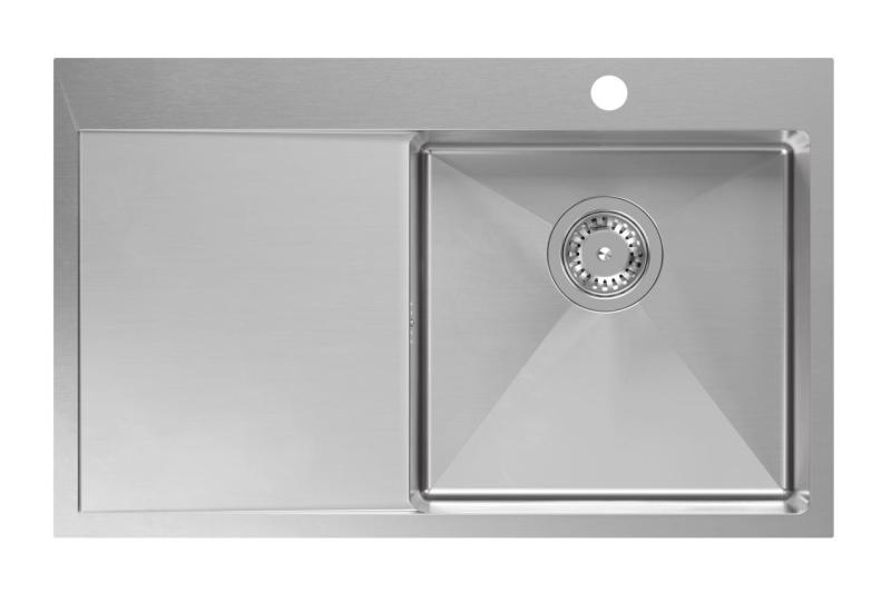 Aquadesign Clara Chiuvetă din Inox cu Bol pe Partea Dreaptă 78x48cm Montaj pe Blat sau în Nivel cu Blatul, cu Scurgător, Suport pentru Robinete și Dop din Inox - 1208967754