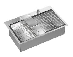 Aquadesign Vesta Chiuvetă din Oțel Inoxidabil 76x49cm Montaj pe Blat și Încadrat la Nivel cu Banc de Orificii pentru Robinet, inclusiv Dop din Oțel Inoxidabil și Accesorii - 1208967762