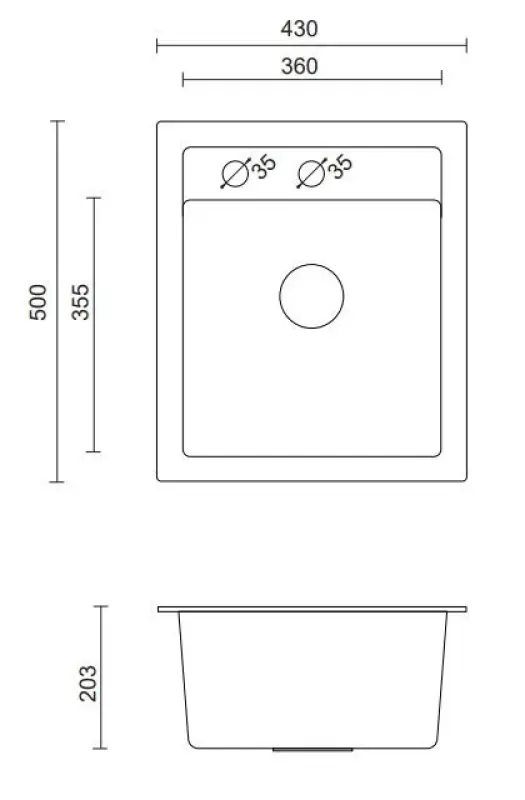 Quadri Londra Granit Gri Chiuvetă 43x50cm cu Bancă pentru Robinete și Dop din Inox - 1208967765