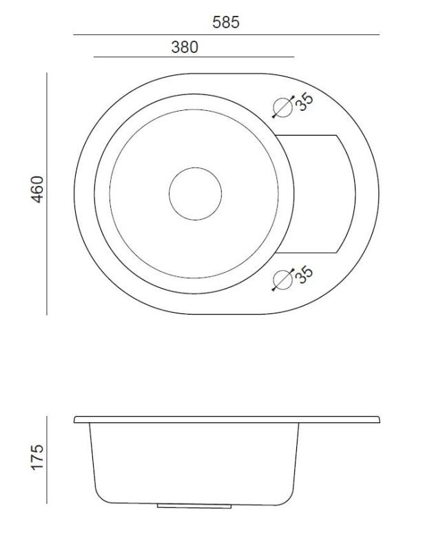 Quadri Londra Chiuvetă Rotundă din Granit Gri cu Zonă de Scurgere și Dop din Oțel Inoxidabil 585x460mm Reversibil - 1208967772