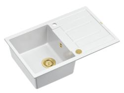 Quadri Sheffield Chiuvetă de suprafață din Granit Alb 78x50cm cu Zonă de Scurgere și Dop din Cupru - 1208967803