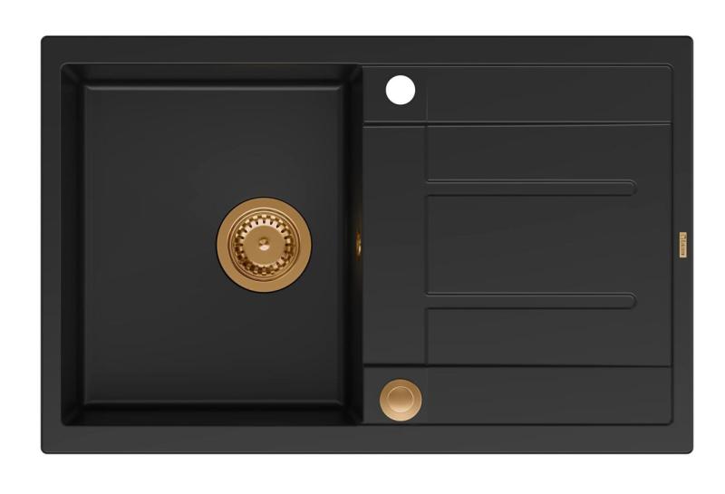 Quadri Sheffield Chiuvetă de Granit Neagră cu Montare pe Blat 78x50cm cu Scurgător și Dop de Cupru - 1208967804