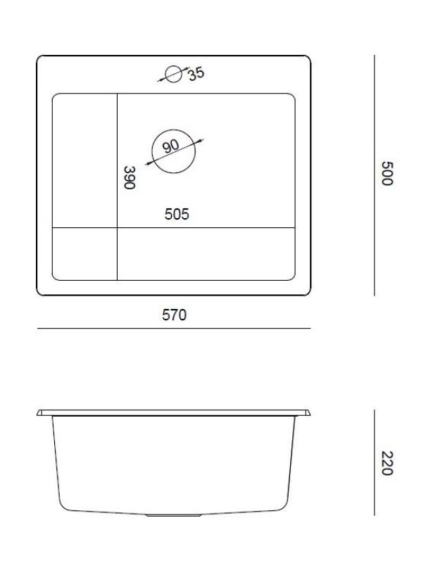 Quadri Sheffield Antracit Chiuvetă Granit Montare pe Blat sau Montare la Nivel 57x50 cm cu Suport pentru Robinet și Dop din Cupru - 1208967814