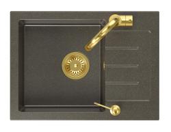 Quadri Kendal Set cu Baterie de Bucătărie, Dispenser de Lichide și Chiuvetă din Granit Antracit Auriu 60x44 cm cu Scurgător și Dop și Preaplin Aurii - 1208967843