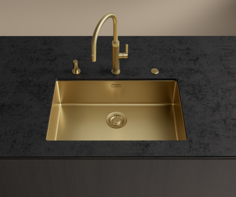 Franke Mythos Masterpiece Robinet de Bucătărie Auriu cu Gura de Scurgere în Formă de J și Duș Extractibil - 115.0711.558