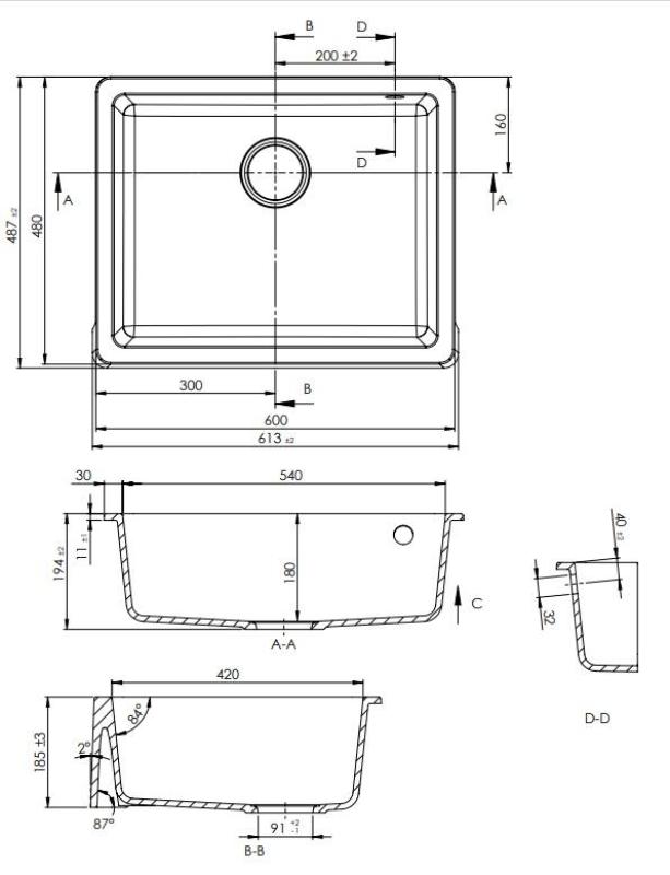 GraniteMy Tradition Chiuvetă Rustică Chiuvetă Granit 60x48 cm Negru Montaj Sub Blat și La Nivel cu Blatul cu Dop Auriu 1208967938