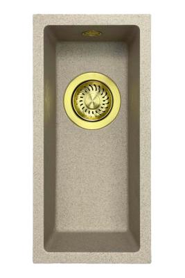 GraniteMy Universele granieten beige zand kleine spoelbak 17x40 cm opbouw, onderbouw en vlakbouw met gouden plug 1208968003