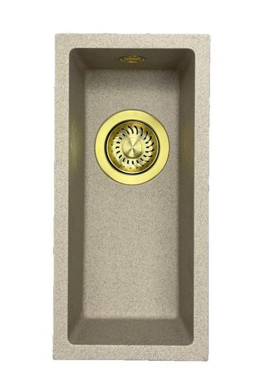 GraniteMy Universele granieten beige zand kleine spoelbak 17x40 cm opbouw, onderbouw en vlakbouw met gouden plug 1208968003