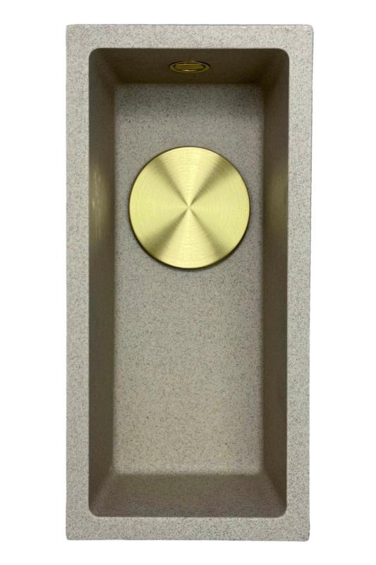 GraniteMy Universele granieten beige zand kleine spoelbak 17x40 cm opbouw, onderbouw en vlakbouw met gouden plug 1208968003
