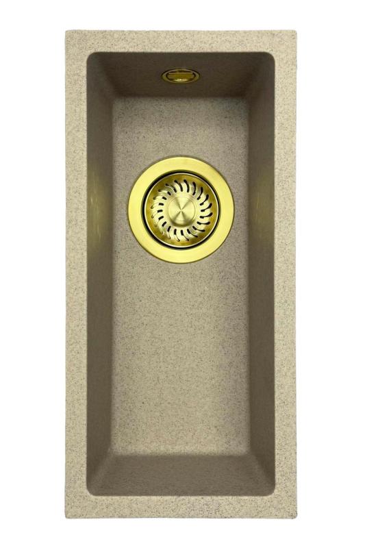 GraniteMy Universele granieten beige zand kleine spoelbak 17x40 cm opbouw, onderbouw en vlakbouw met gouden plug 1208968003