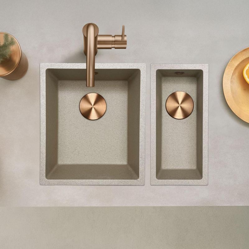 GraniteMy Universal granit bej nisip chiuvetă mică 17x40 cm montată sub blat și încastrată cu dop de cupru 1208968004