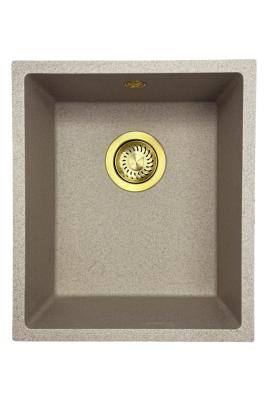 GraniteMy Universele granieten beige zand spoelbak 34x40 cm opbouw onderbouw en vlakbouw met gouden plug 1208968008