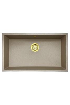 GraniteMy Universele granieten beige zand spoelbak 74x40 cm opbouw, onderbouw en vlakbouw met gouden plug 1208968018