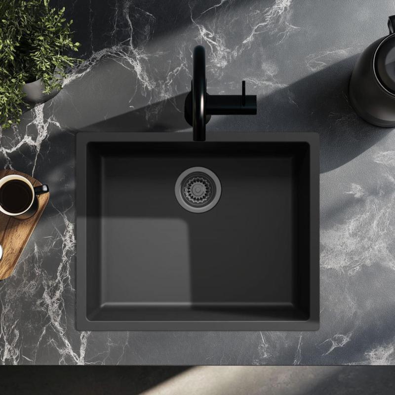 Chiuvetă neagră 50x40cm montaj sub blat, pe blat și la nivel cu blat, cu dop metalic gun 1208968038