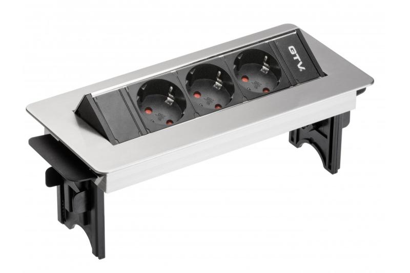 Prelungitor de birou fără casetă cu 3 prize schuko, cablu de alimentare de 1,5m cu plug inox (montare cu șurub)