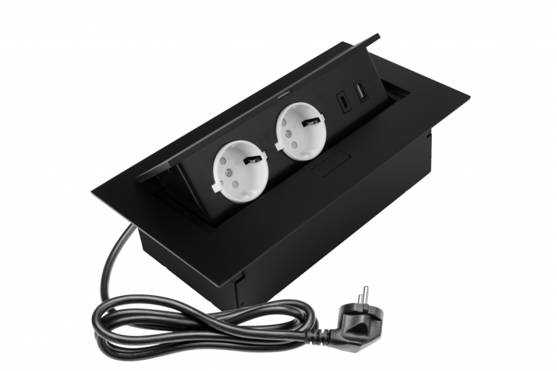 Priză de mobilă 2x priză schuko, USB A+C, fără cablu, negru