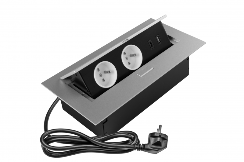 Priză pentru mobilier 2x priză cu împământare, USB A+C, cablu de alimentare cu mufă, alu